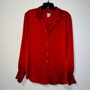 Chico’s Red Satin Button Down Long sleeve Blouse